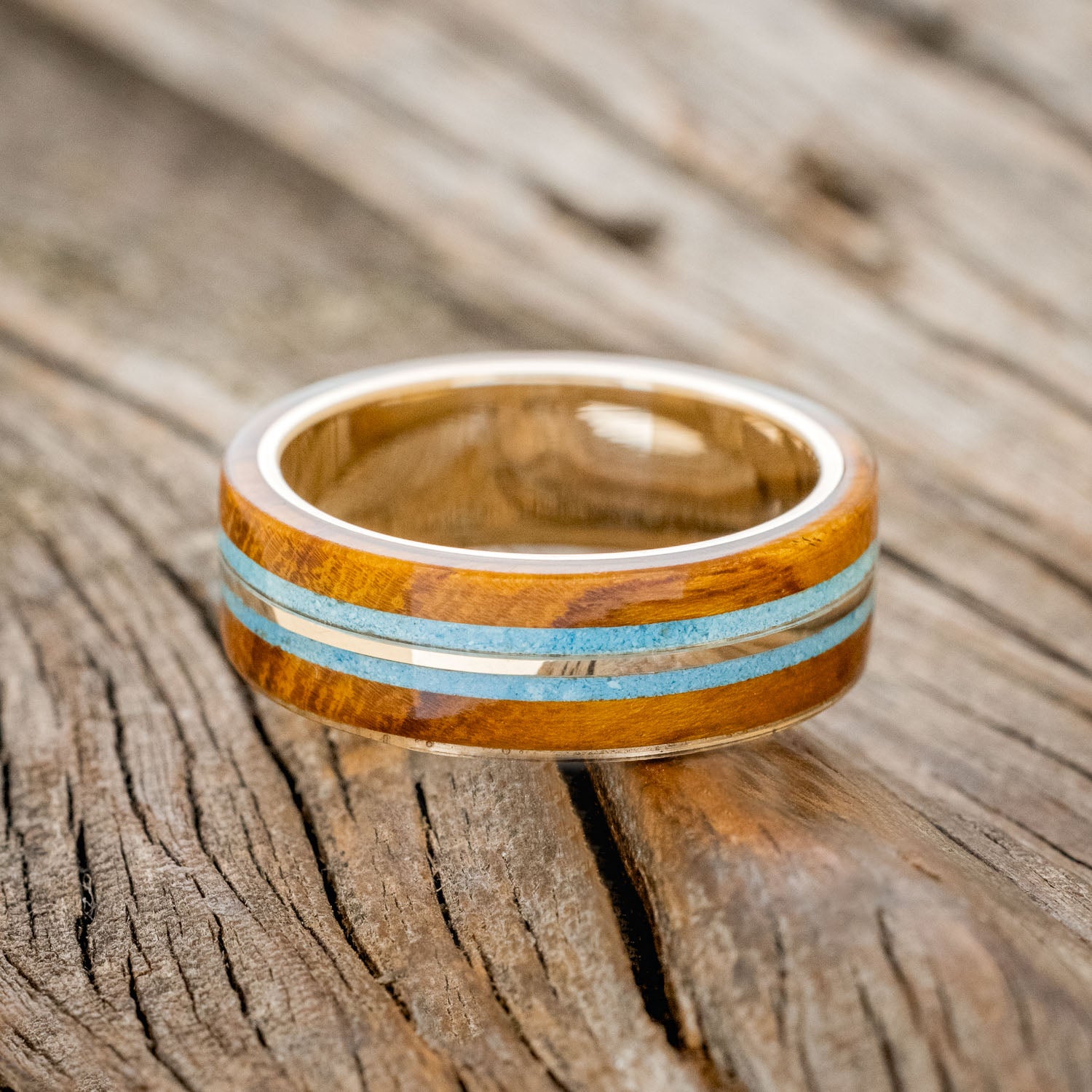 "CANYON" - IRONWOOD, TURQUOISE & 14K GOLD INLAY WEDDING BAND-6