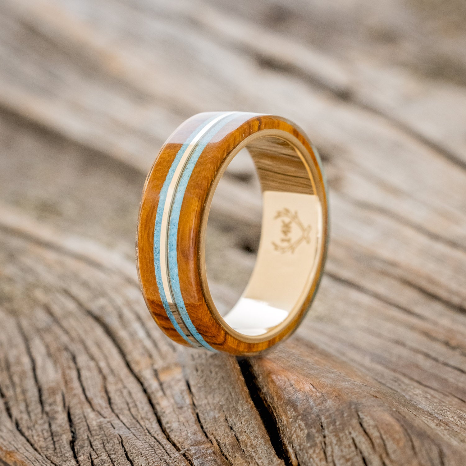 "CANYON" - IRONWOOD, TURQUOISE & 14K GOLD INLAY WEDDING BAND-4