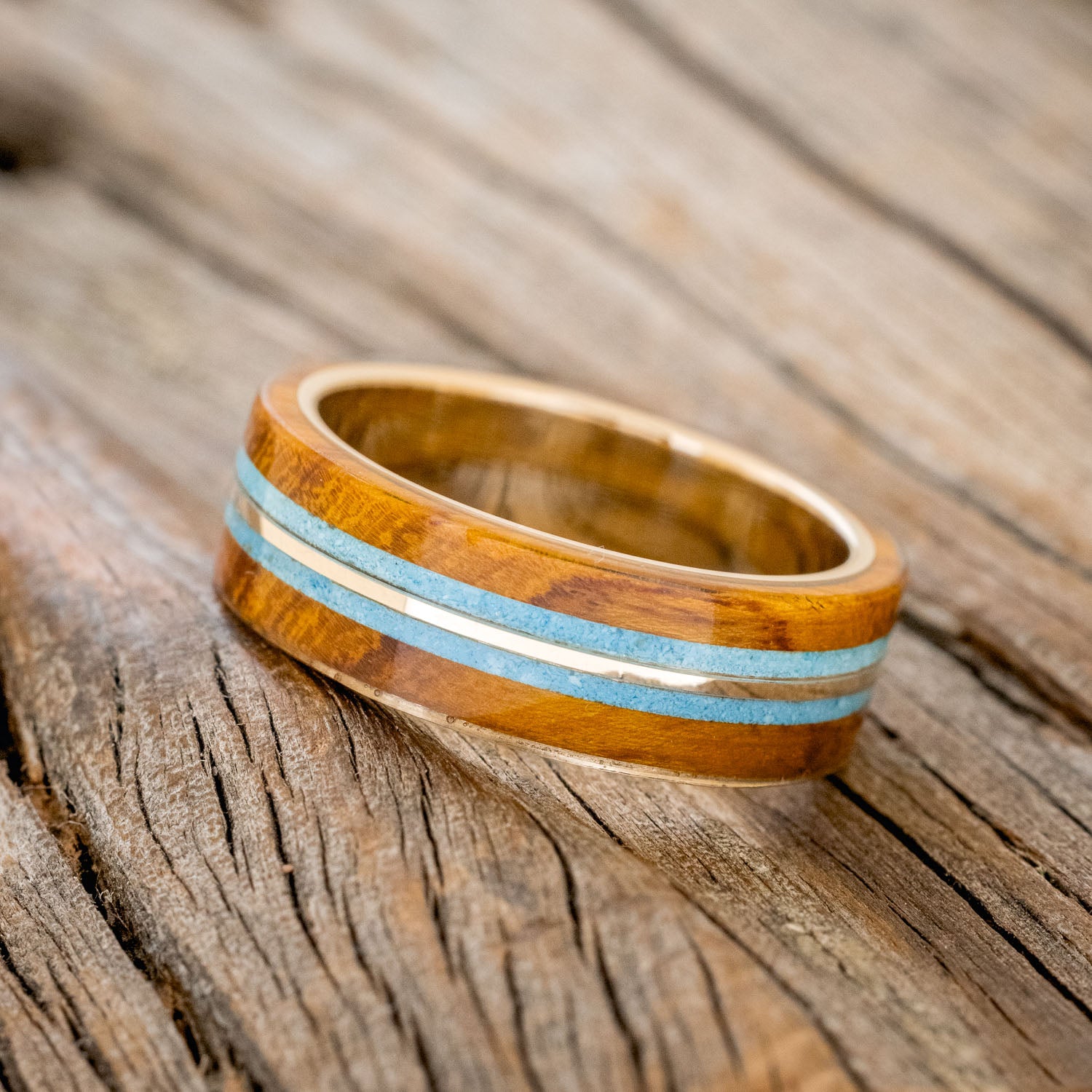 "CANYON" - IRONWOOD, TURQUOISE & 14K GOLD INLAY WEDDING BAND-5