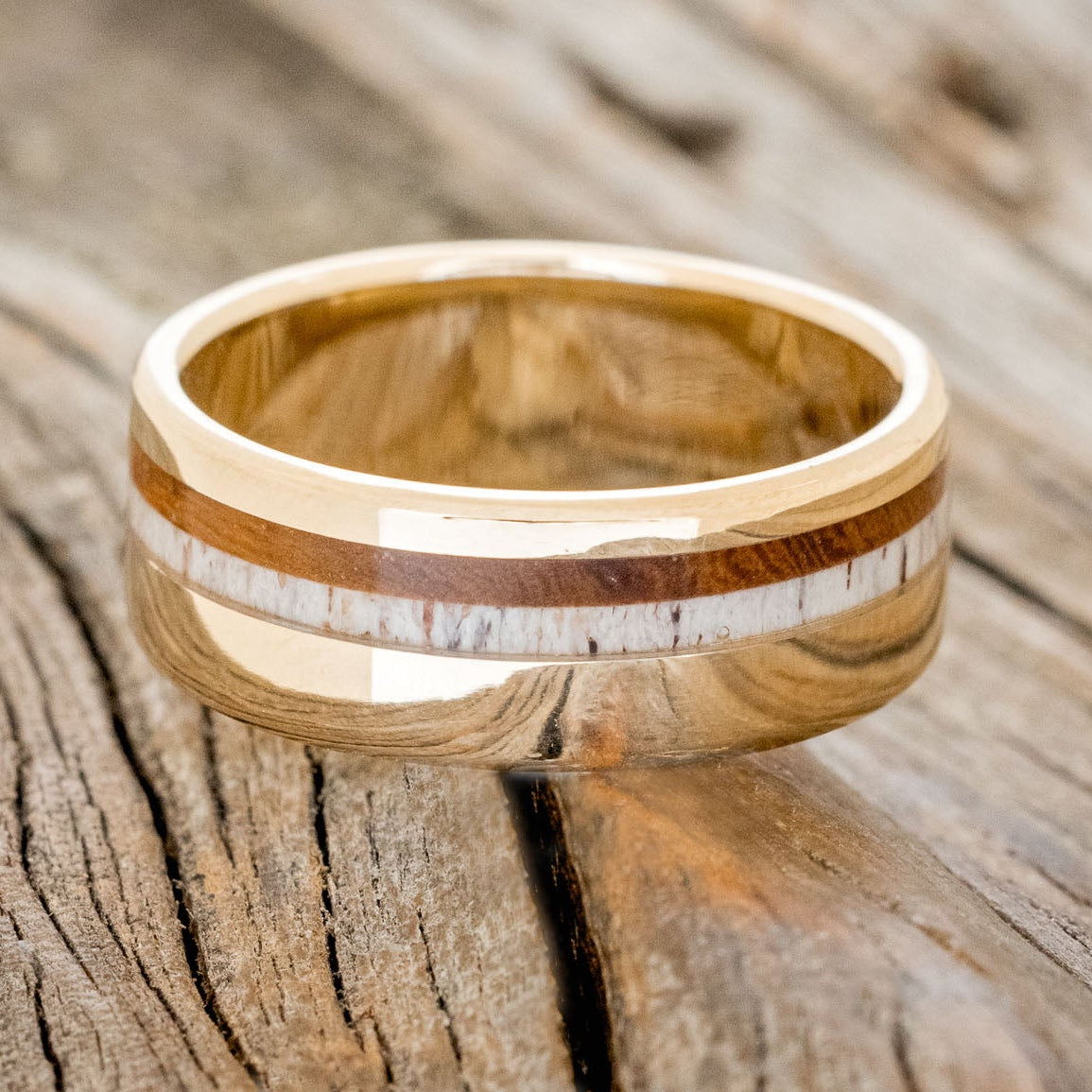 "CASTOR" - IRONWOOD & ANTLER WEDDING RING FEATURING A 14K GOLD BAND-5