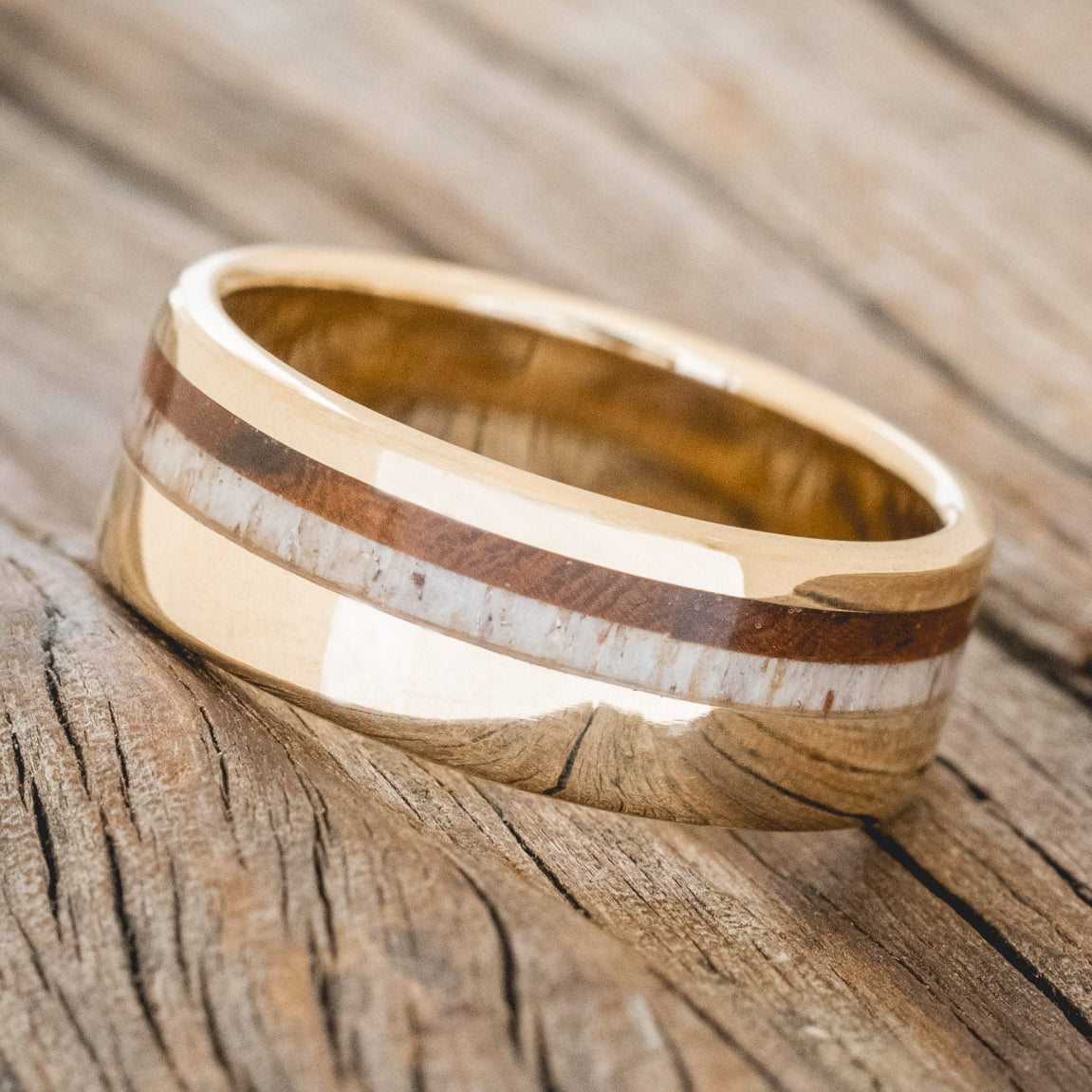 "CASTOR" - IRONWOOD & ANTLER WEDDING RING FEATURING A 14K GOLD BAND-6