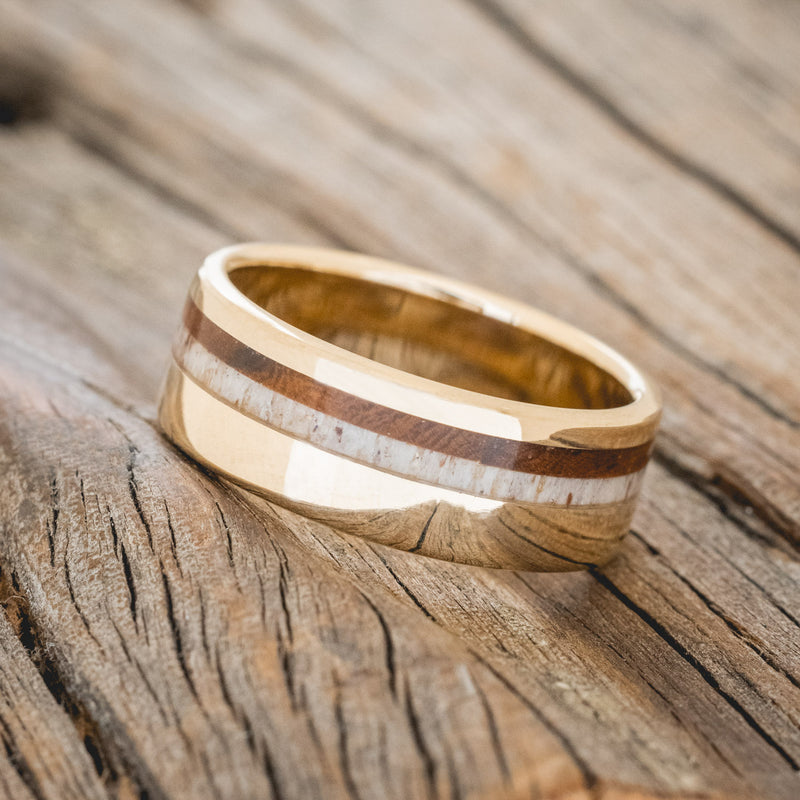 "CASTOR" - IRONWOOD & ANTLER WEDDING RING FEATURING A 14K GOLD BAND