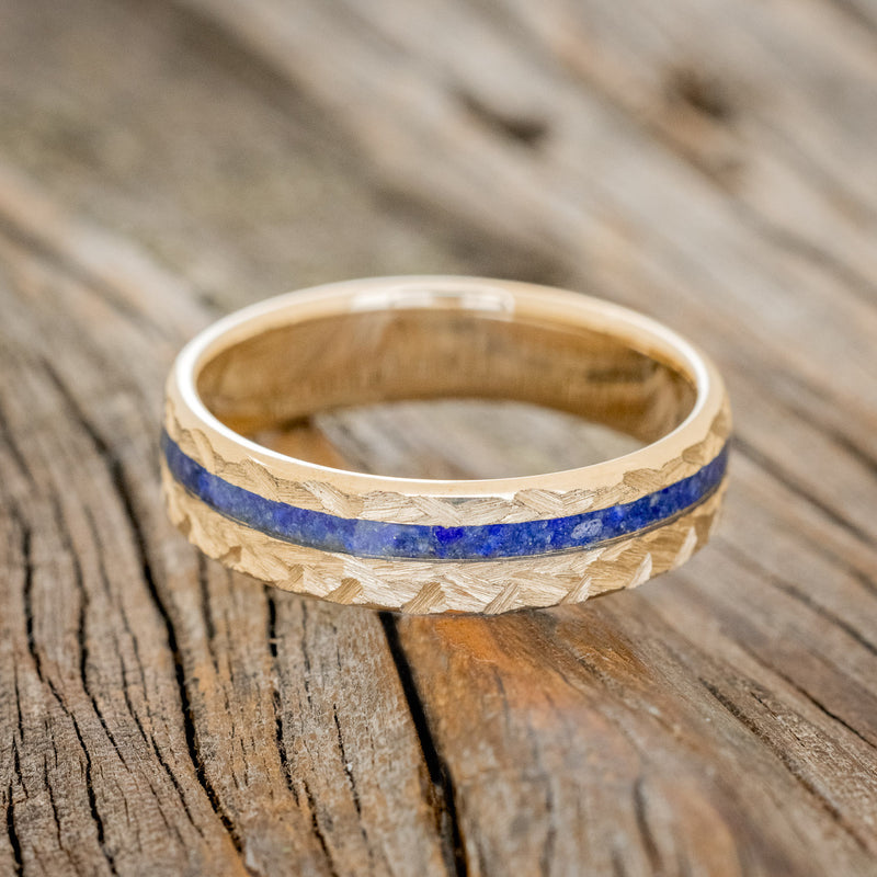 "VERTIGO" - LAPIS LAZULI WEDDING RING FEATURING A CROSSHATCHED 14K GOLD BAND-6