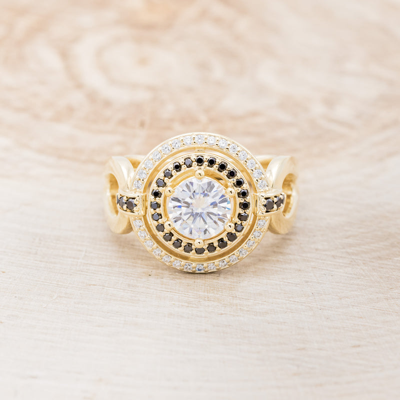 "ORBELLA" - DOUBLE HALO ROUND CUT MOISSANITE ENGAGEMENT RING WITH BLACK DIAMOND ACCENTS - 14K YELLOW GOLD - SIZE 7
