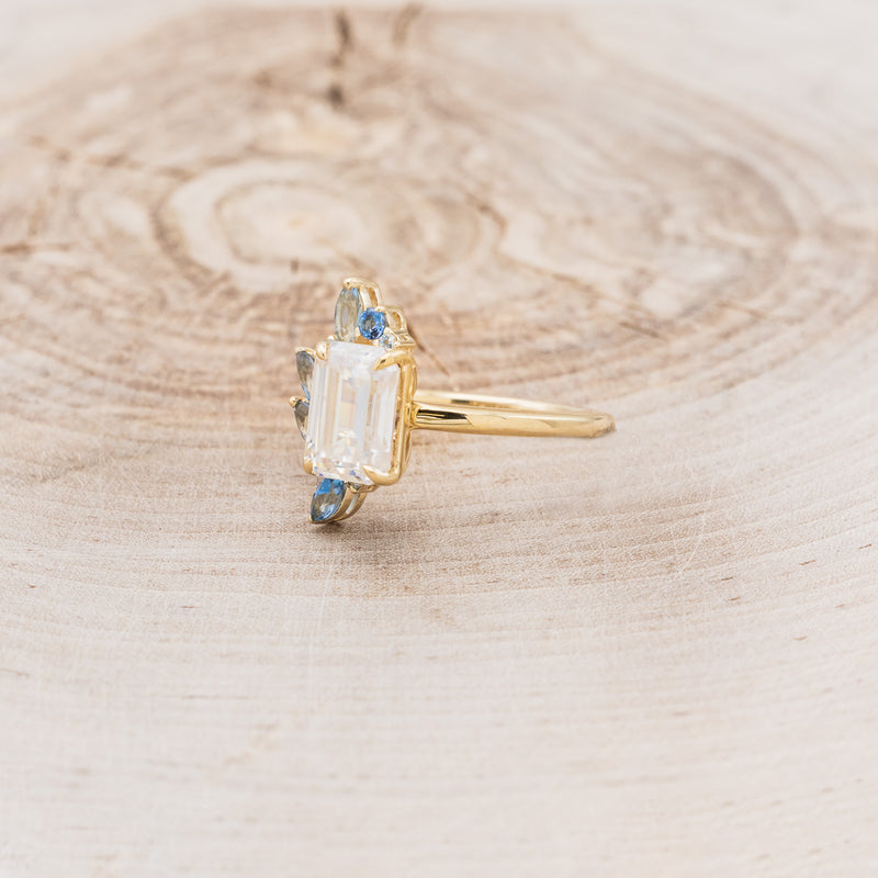 "ISABELLA" - EMERALD CUT MOISSANITE ENGAGEMENT RING WITH AQUAMARINE ACCENTS