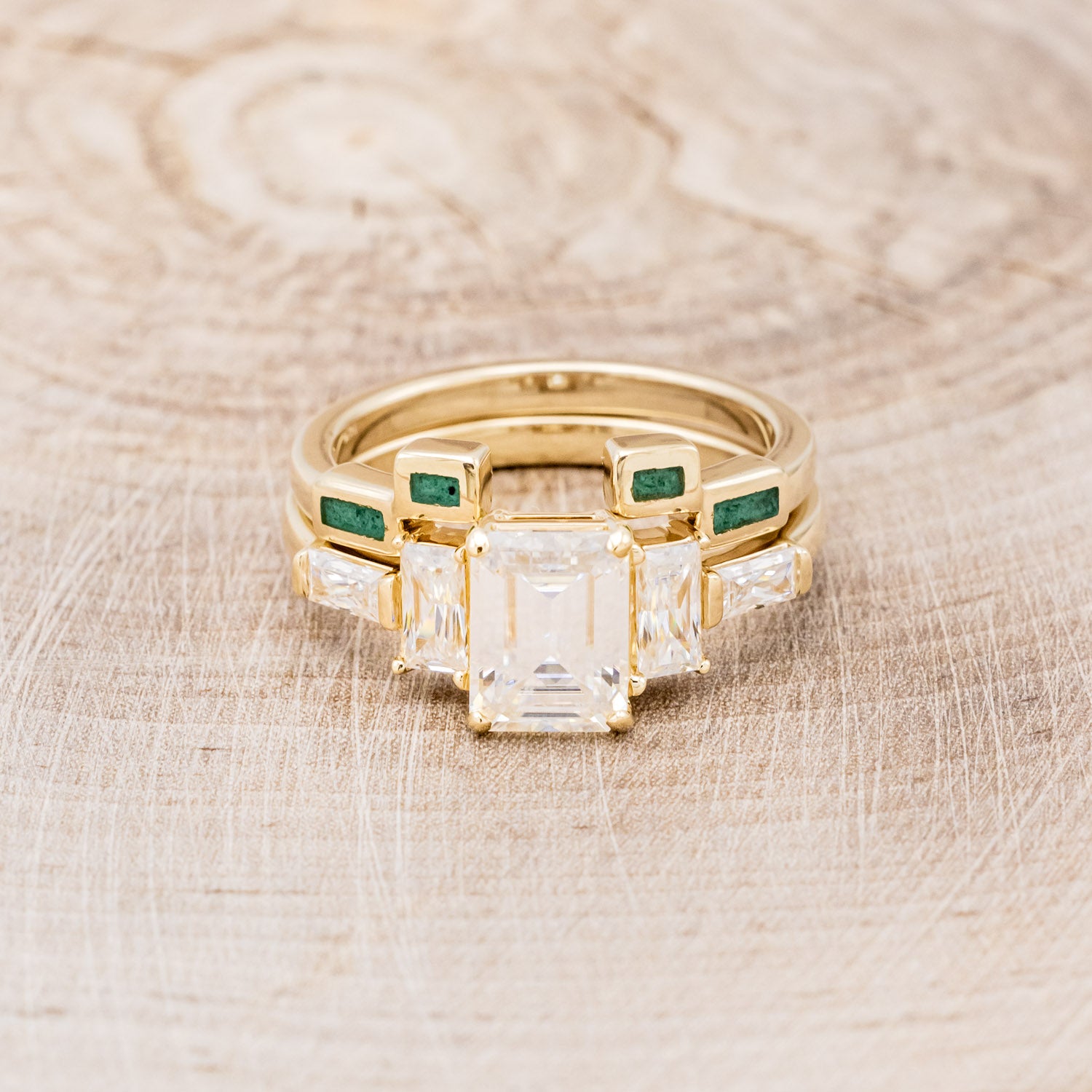 "GRETA" - EMERALD CUT MOISSANITE ENGAGEMENT RING WITH MALACHITE STACKING BAND-4