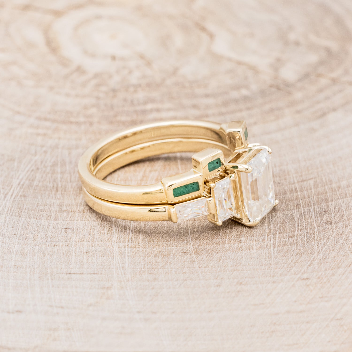 "GRETA" - EMERALD CUT MOISSANITE ENGAGEMENT RING WITH MALACHITE STACKING BAND-2