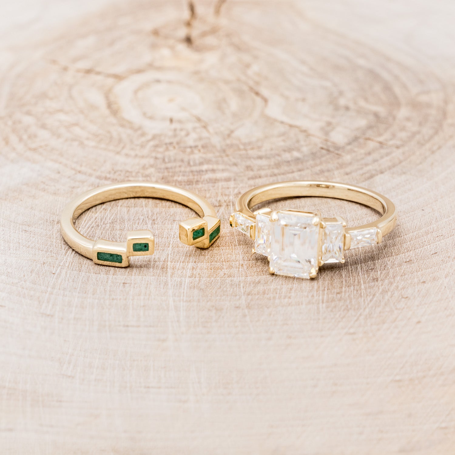 "GRETA" - EMERALD CUT MOISSANITE ENGAGEMENT RING WITH MALACHITE STACKING BAND-6