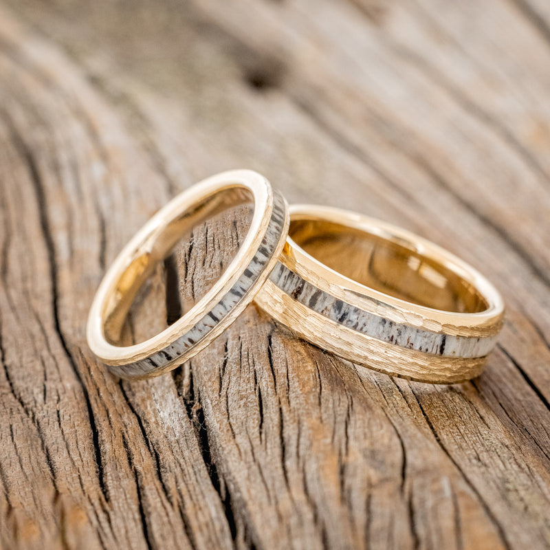 "VERTIGO" - MATCHING SET OF ELK ANTLER WEDDING BANDS WITH HAMMERED FINISH-1