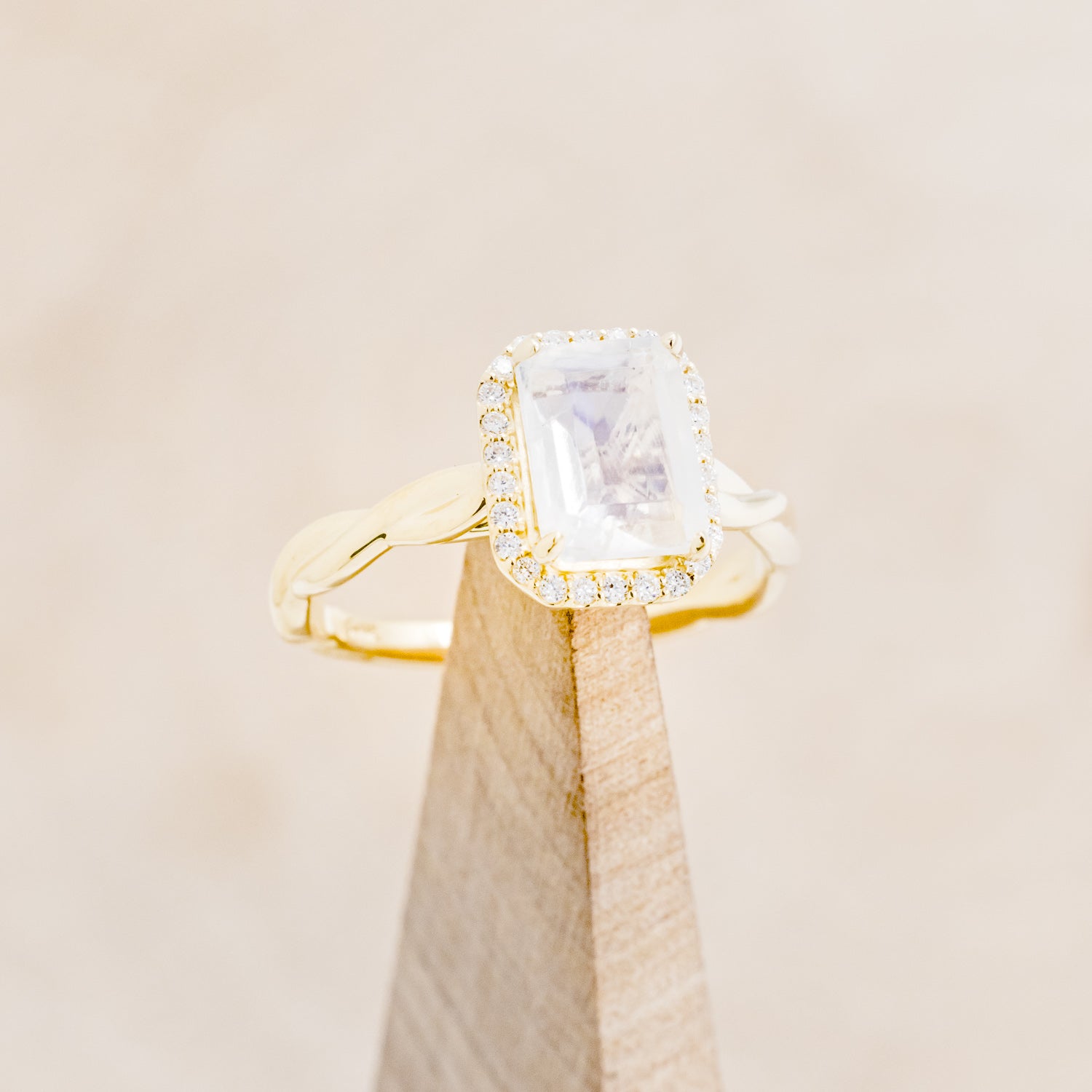 "EVERLEIGH" - EMERALD CUT MOONSTONE ENGAGEMENT RING WITH DIAMOND HALO & WOVEN STACKING BAND-7