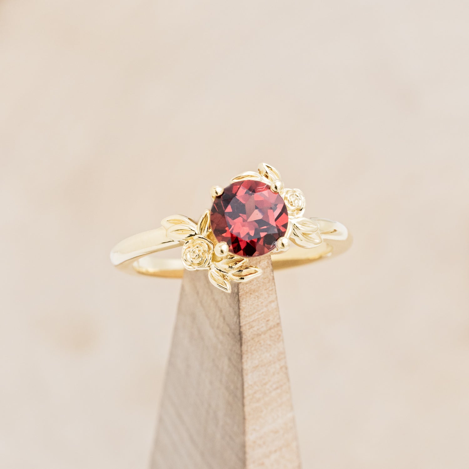 "ROSA" - ROUND CUT MOZAMBIQUE GARNET ENGAGEMENT RING WITH FLOWER ACCENTS-13
