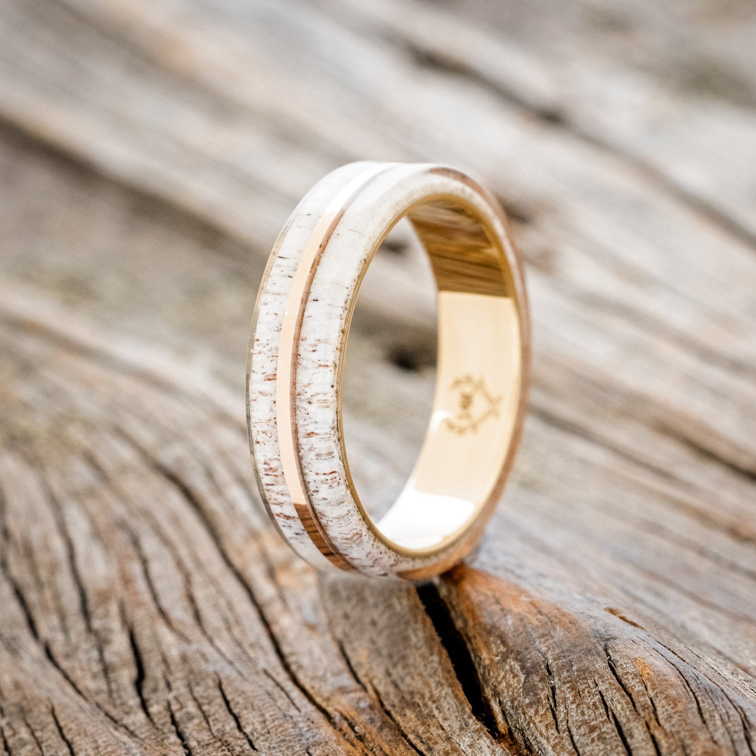 "GOLDEN" - ELK ANTLER & 14K GOLD INLAY WEDDING BAND-7
