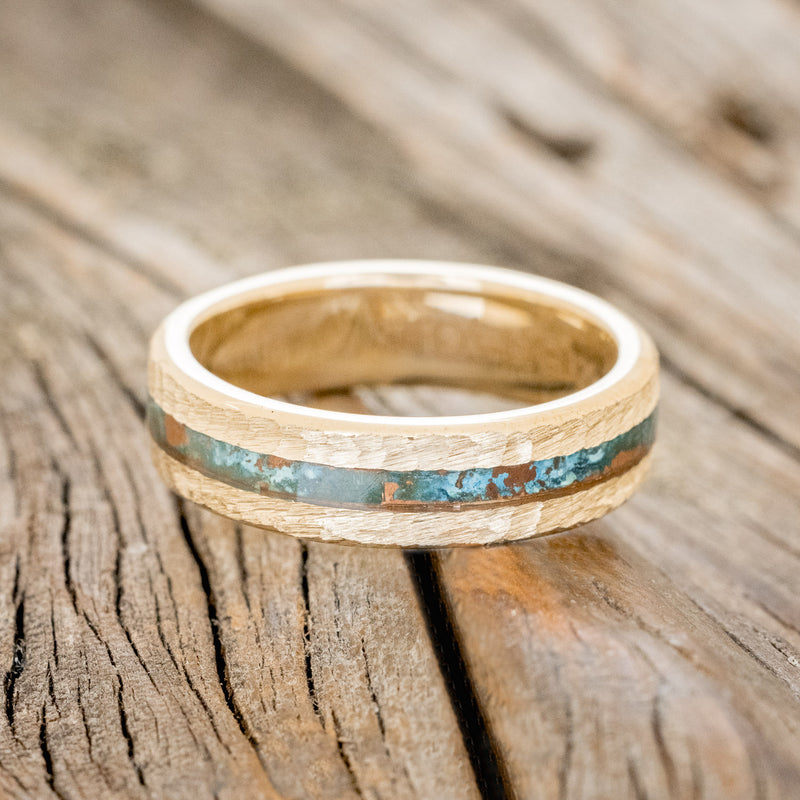 "NIRVANA" - CENTERED PATINA COPPER WEDDING RING FEATURING A HAMMERED 14K GOLD BAND