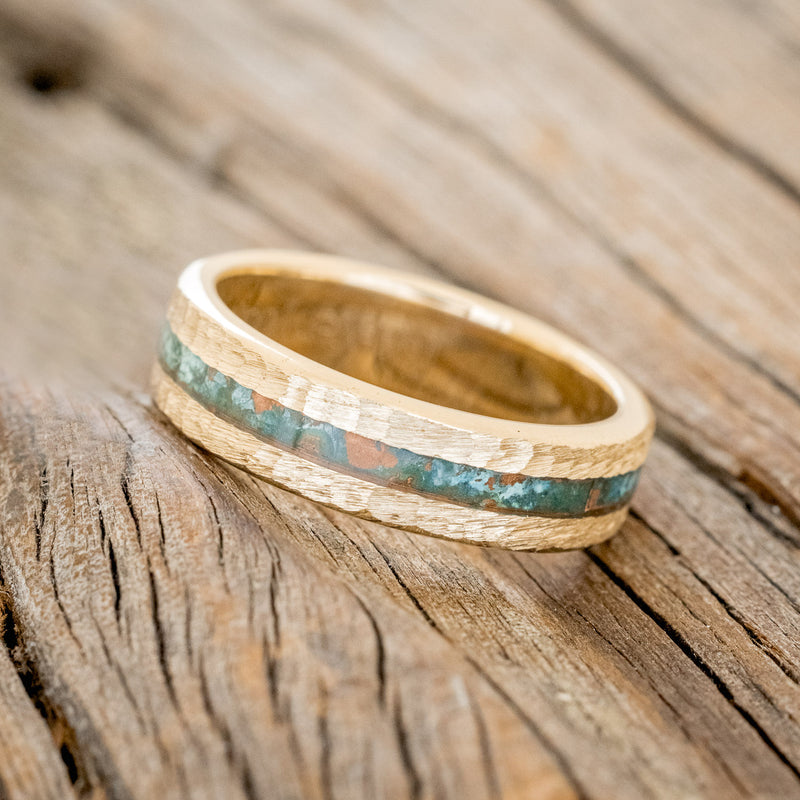 "NIRVANA" - CENTERED PATINA COPPER WEDDING RING FEATURING A HAMMERED 14K GOLD BAND