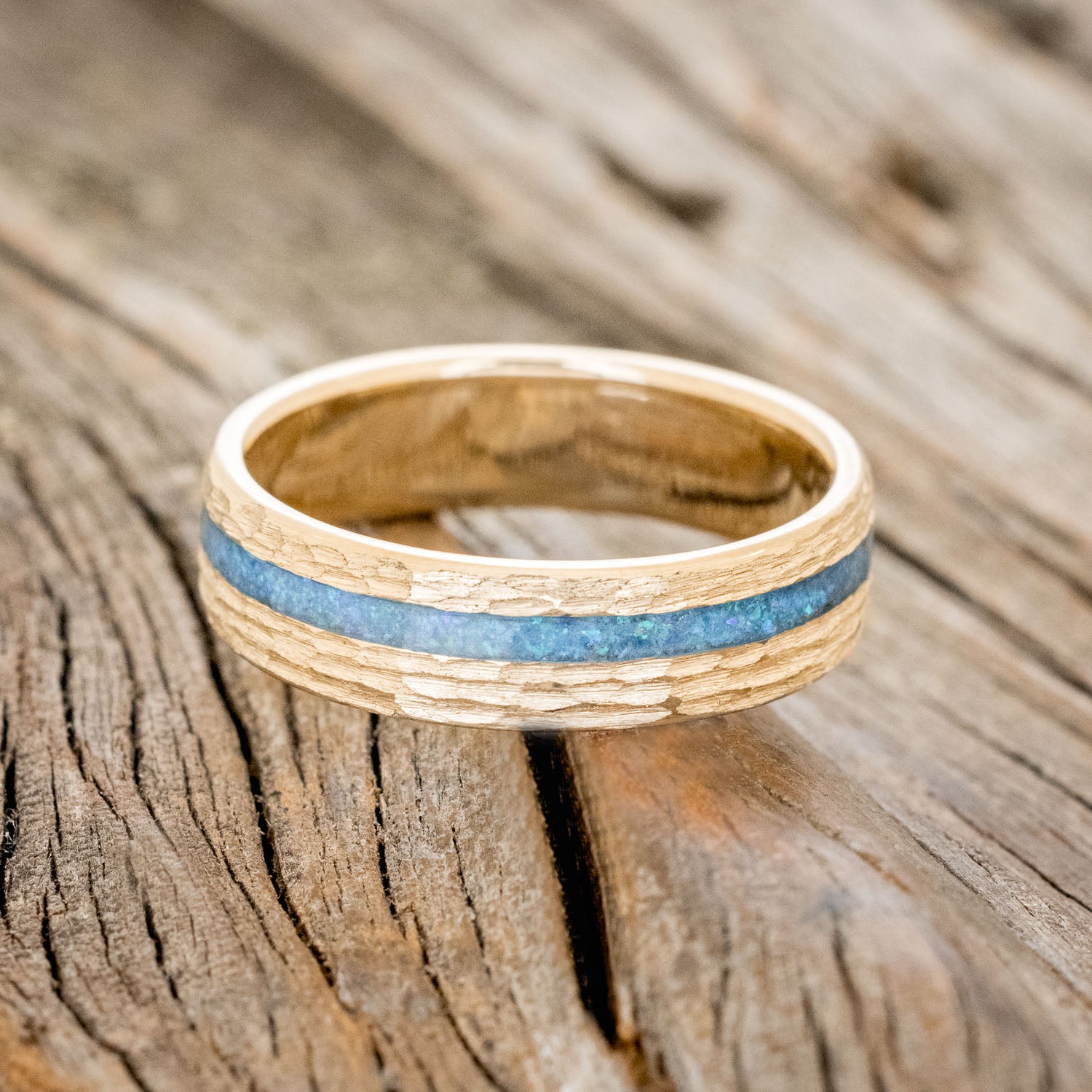 "VERTIGO" - BLUE OPAL WEDDING RING FEATURING A HAMMERED 14K GOLD BAND-3