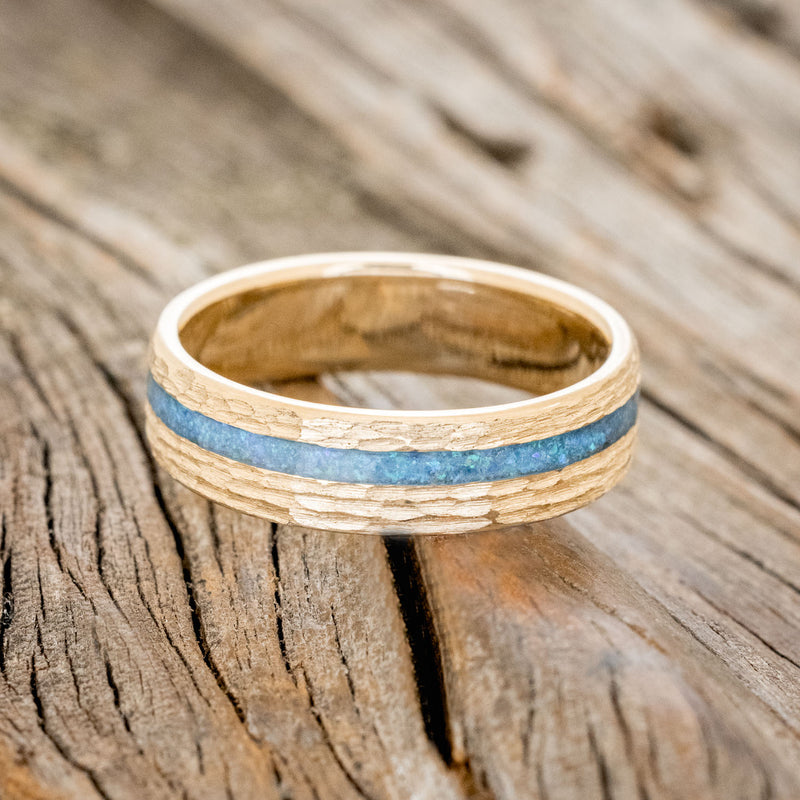 "VERTIGO" - BLUE OPAL WEDDING RING FEATURING A HAMMERED 14K GOLD BAND