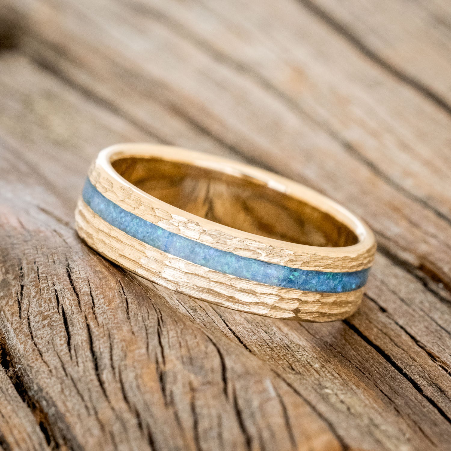 "VERTIGO" - BLUE OPAL WEDDING RING FEATURING A HAMMERED 14K GOLD BAND-2