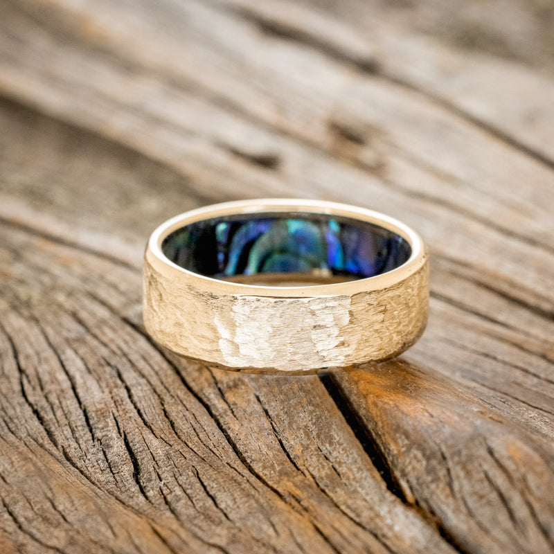 PAUA SHELL LINED WEDDING RING FEATURING A HAMMERED 14K GOLD BAND-6