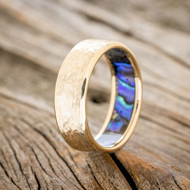 PAUA SHELL LINED WEDDING RING FEATURING A HAMMERED 14K GOLD BAND-1