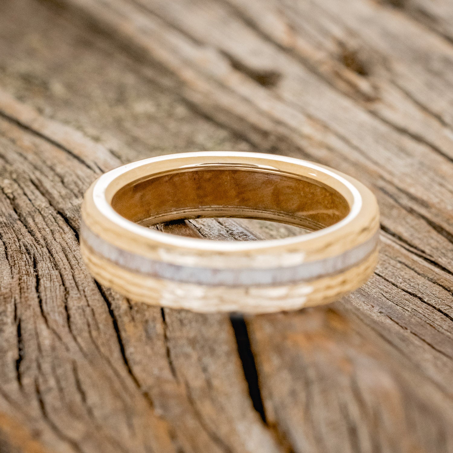"VERTIGO" - ANTLER INLAY WEDDING RING FEATURING A WHISKEY BARREL LINING & HAMMERED FINISH-6