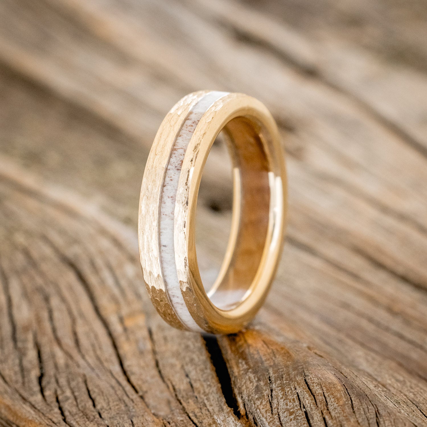 "VERTIGO" - MATCHING SET OF ELK ANTLER & WHISKEY BARREL LINING WEDDING BANDS WITH HAMMERED FINISH-8