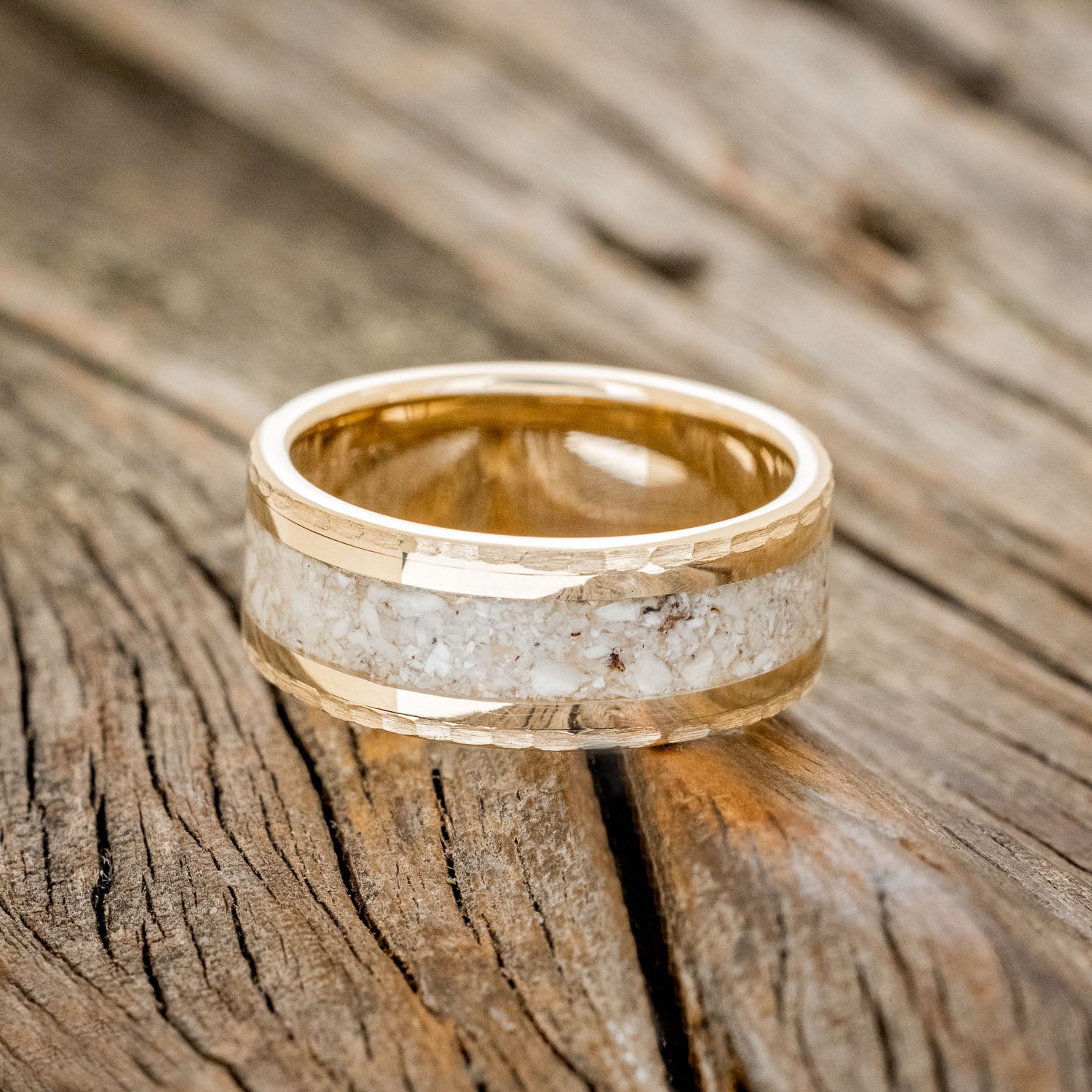 "HOLLIS" - ELK TOOTH IVORY & 14K GOLD INLAYS WEDDING RING FEATURING A HAMMERED BAND-6