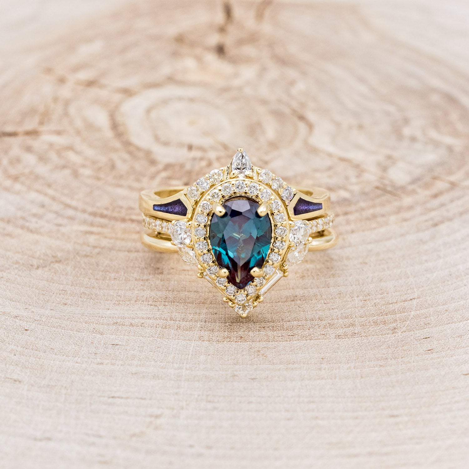 "KB" - BRIDAL SUITE - PEAR SHAPED LAB-GROWN ALEXANDRITE ENGAGEMENT RING WITH DIAMOND ACCENTS & TRACERS-27