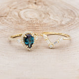 "KB" - BRIDAL SUITE - PEAR SHAPED LAB-GROWN ALEXANDRITE ENGAGEMENT RING WITH DIAMOND ACCENTS & TRACERS
