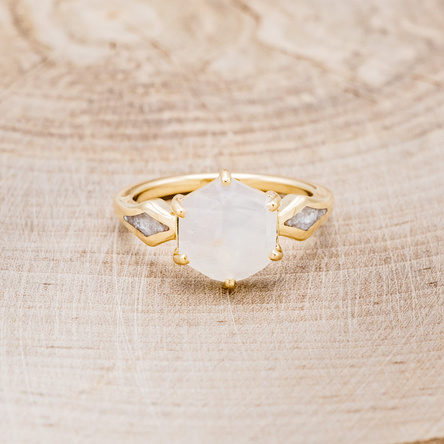 "LOVE STORY" - HEXAGON MOONSTONE ENGAGEMENT RING WITH DIAMOND DUST INLAYS-4