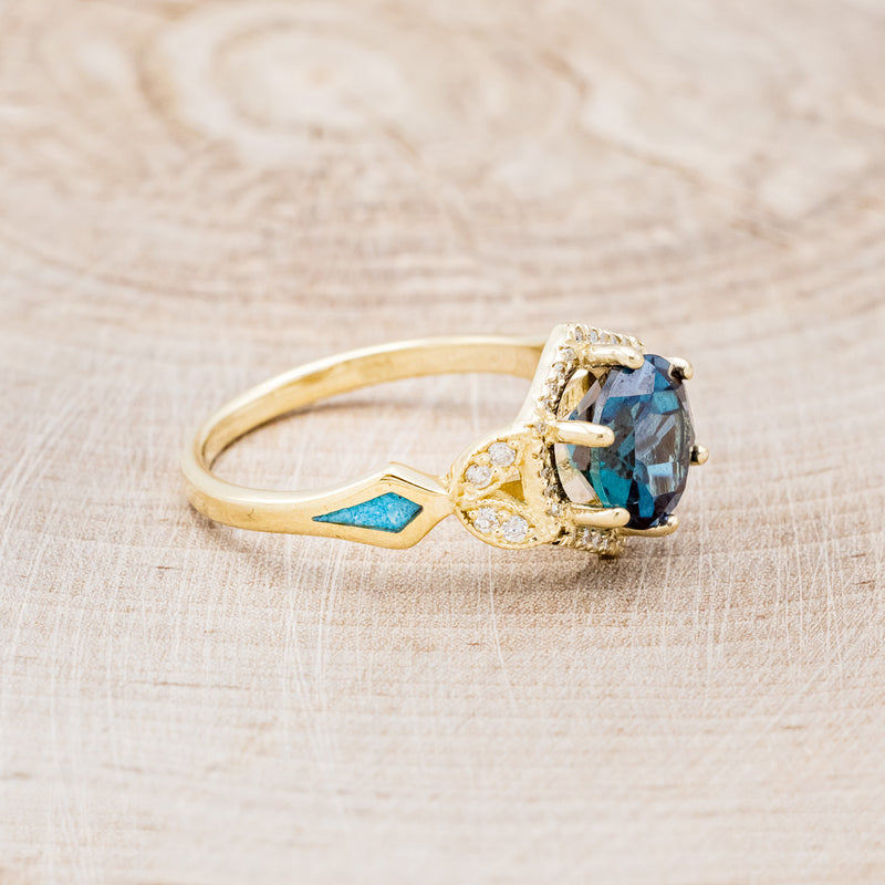 "LUCY IN THE SKY" - ROUND CUT LAB-GROWN ALEXANDRITE ENGAGEMENT RING WITH DIAMOND ACCENTS & TURQUOISE INLAYS