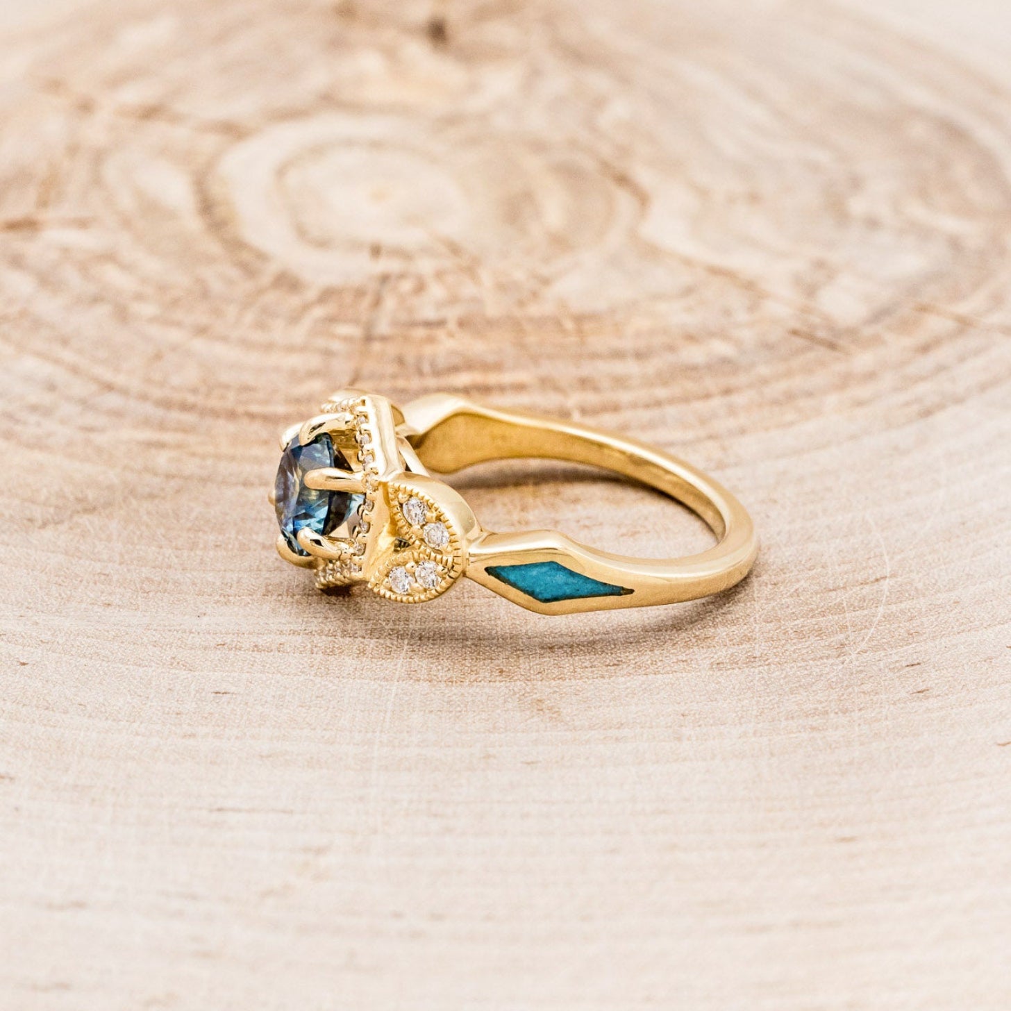 "LUCY IN THE SKY" PETITE - ROUND CUT MONTANA SAPPHIRE ENGAGEMENT RING WITH DIAMOND ACCENTS & TURQUOISE INLAYS-9