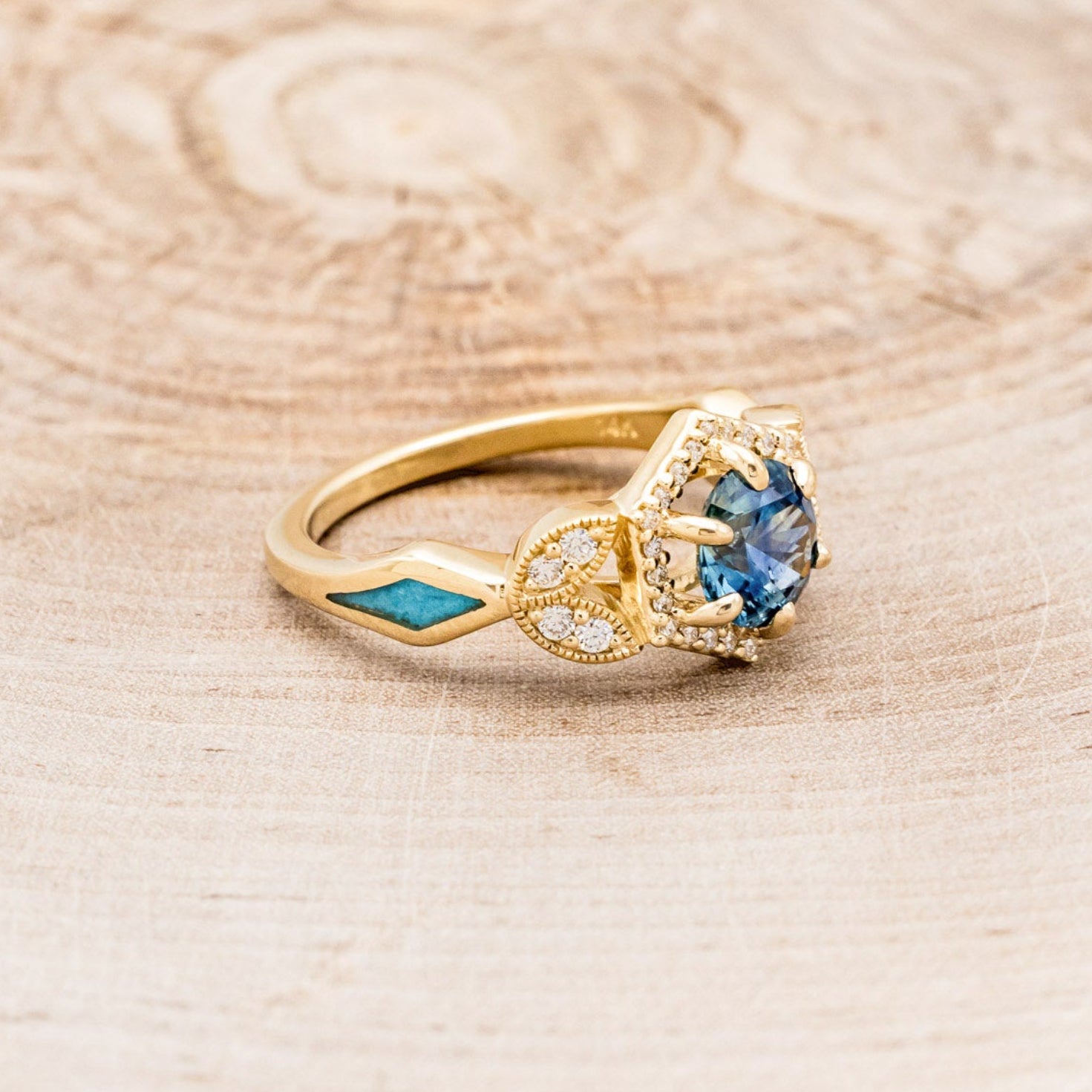 "LUCY IN THE SKY" PETITE - ROUND CUT MONTANA SAPPHIRE ENGAGEMENT RING WITH DIAMOND ACCENTS & TURQUOISE INLAYS-8