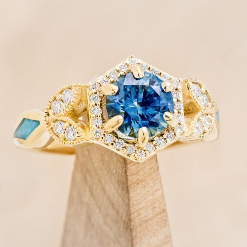 "LUCY IN THE SKY" PETITE - ROUND CUT MONTANA SAPPHIRE ENGAGEMENT RING WITH DIAMOND ACCENTS & TURQUOISE INLAYS-7