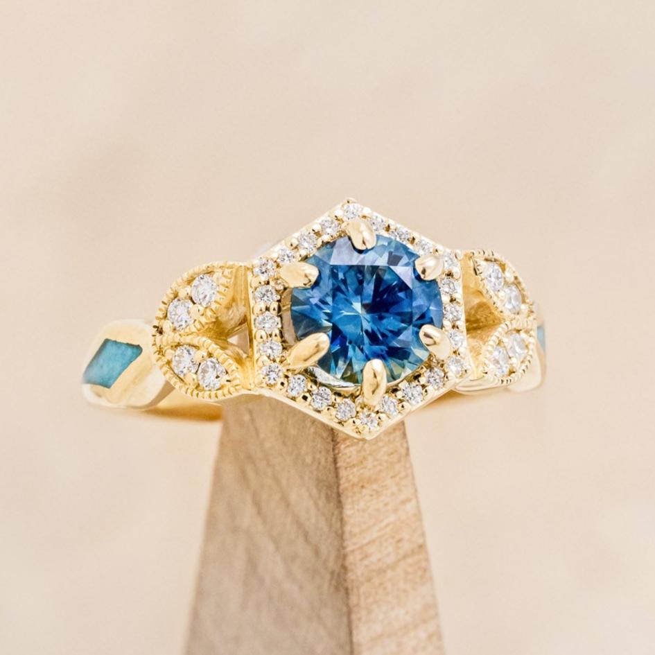 "LUCY IN THE SKY" PETITE - ROUND CUT MONTANA SAPPHIRE ENGAGEMENT RING WITH DIAMOND ACCENTS & TURQUOISE INLAYS-7