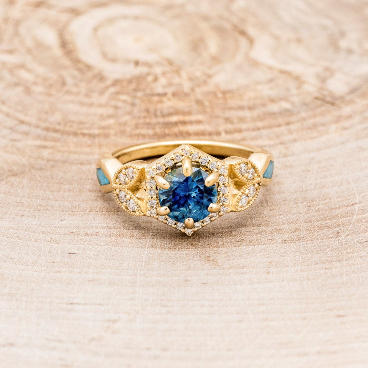 "LUCY IN THE SKY" PETITE - ROUND CUT MONTANA SAPPHIRE ENGAGEMENT RING WITH DIAMOND ACCENTS & TURQUOISE INLAYS-10