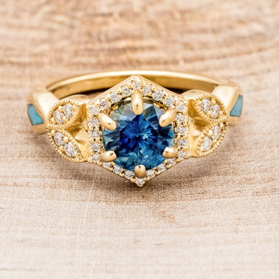 "LUCY IN THE SKY" PETITE - ROUND CUT MONTANA SAPPHIRE ENGAGEMENT RING WITH DIAMOND ACCENTS & TURQUOISE INLAYS-10