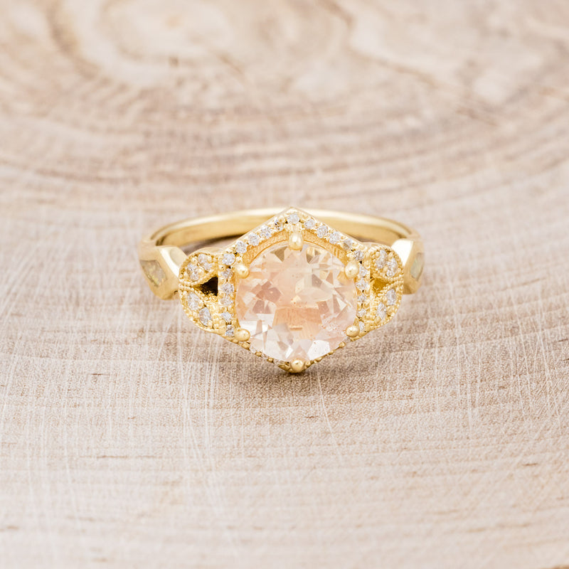 "LUCY IN THE SKY" - ROUND CUT OREGON SUNSTONE ENGAGEMENT RING WITH DIAMOND ACCENTS & FIRE AND ICE OPAL INLAYS-10