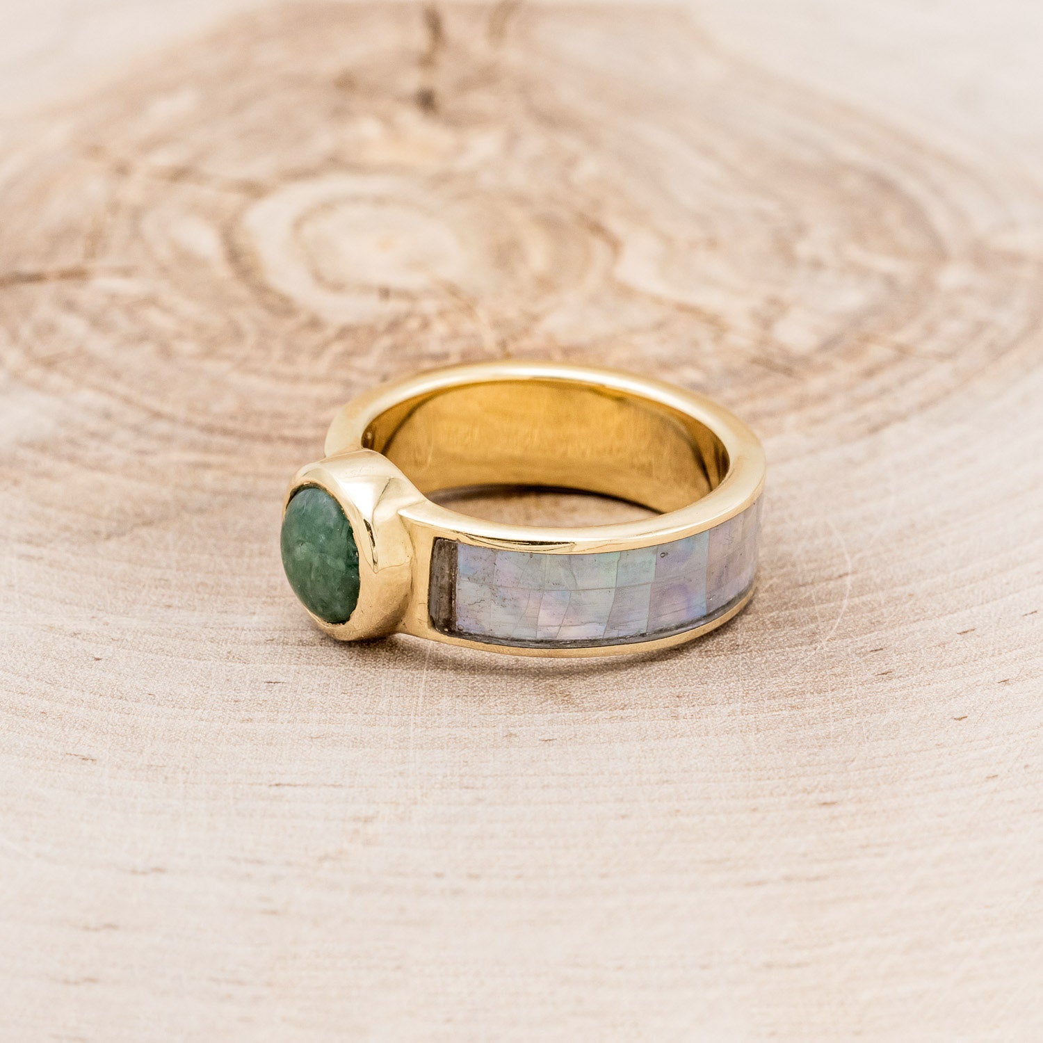 "MATILDA" - ROUND CUT NEPHRITE JADE WEDDING BAND WITH MOTHER OF PEARL INLAYS-3