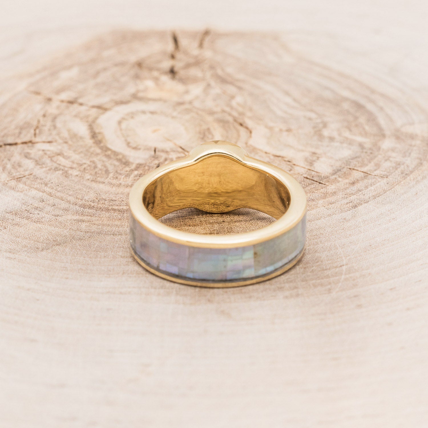 "MATILDA" - ROUND CUT NEPHRITE JADE WEDDING BAND WITH MOTHER OF PEARL INLAYS-5