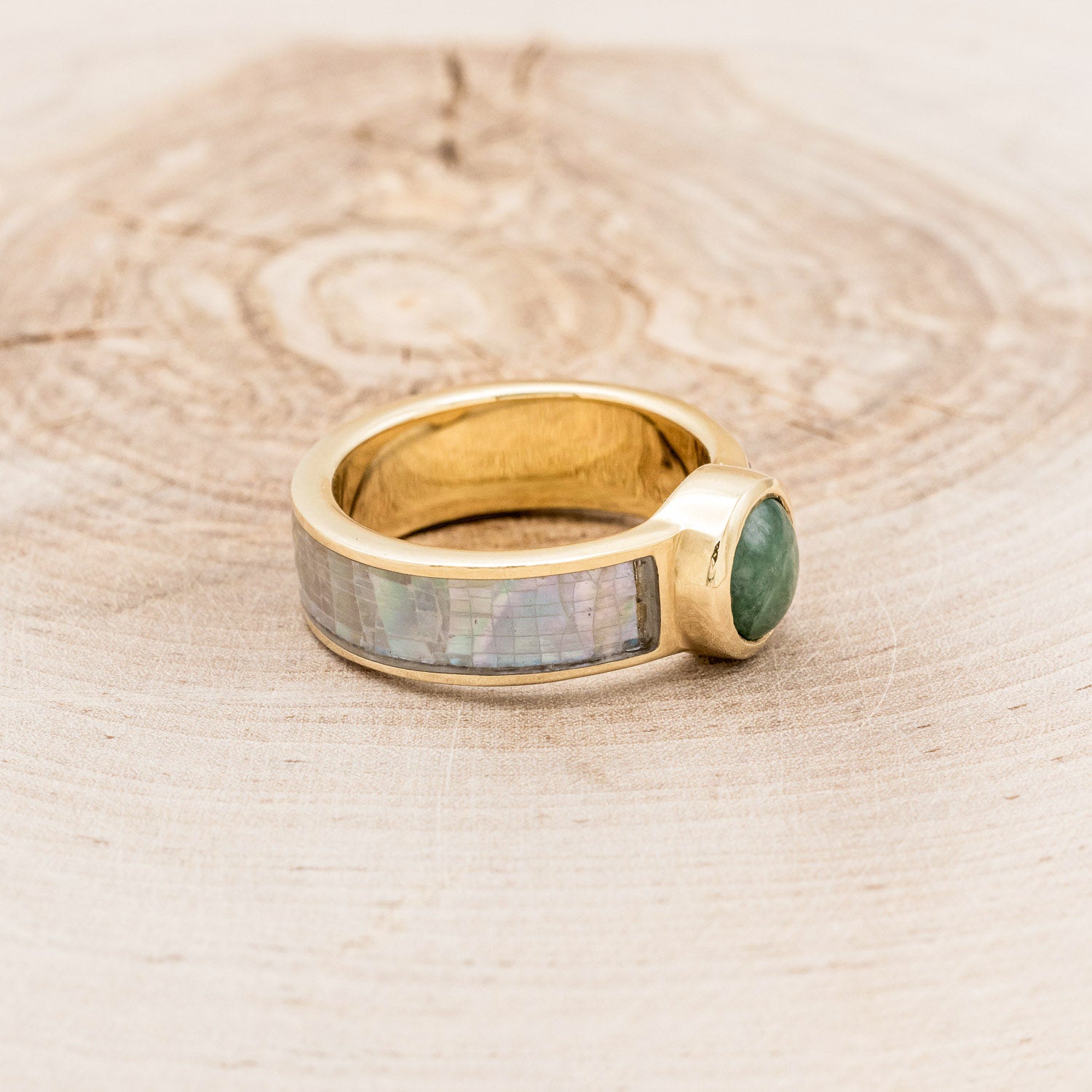 "MATILDA" - ROUND CUT NEPHRITE JADE WEDDING BAND WITH MOTHER OF PEARL INLAYS-2