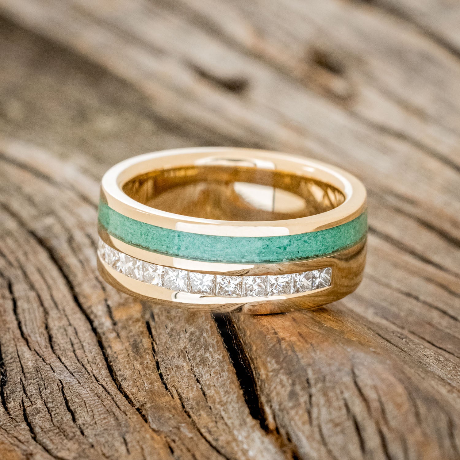"MEMPHIS" - MALACHITE & DIAMONDS WEDDING RING FEATURING A 14K GOLD BAND-6