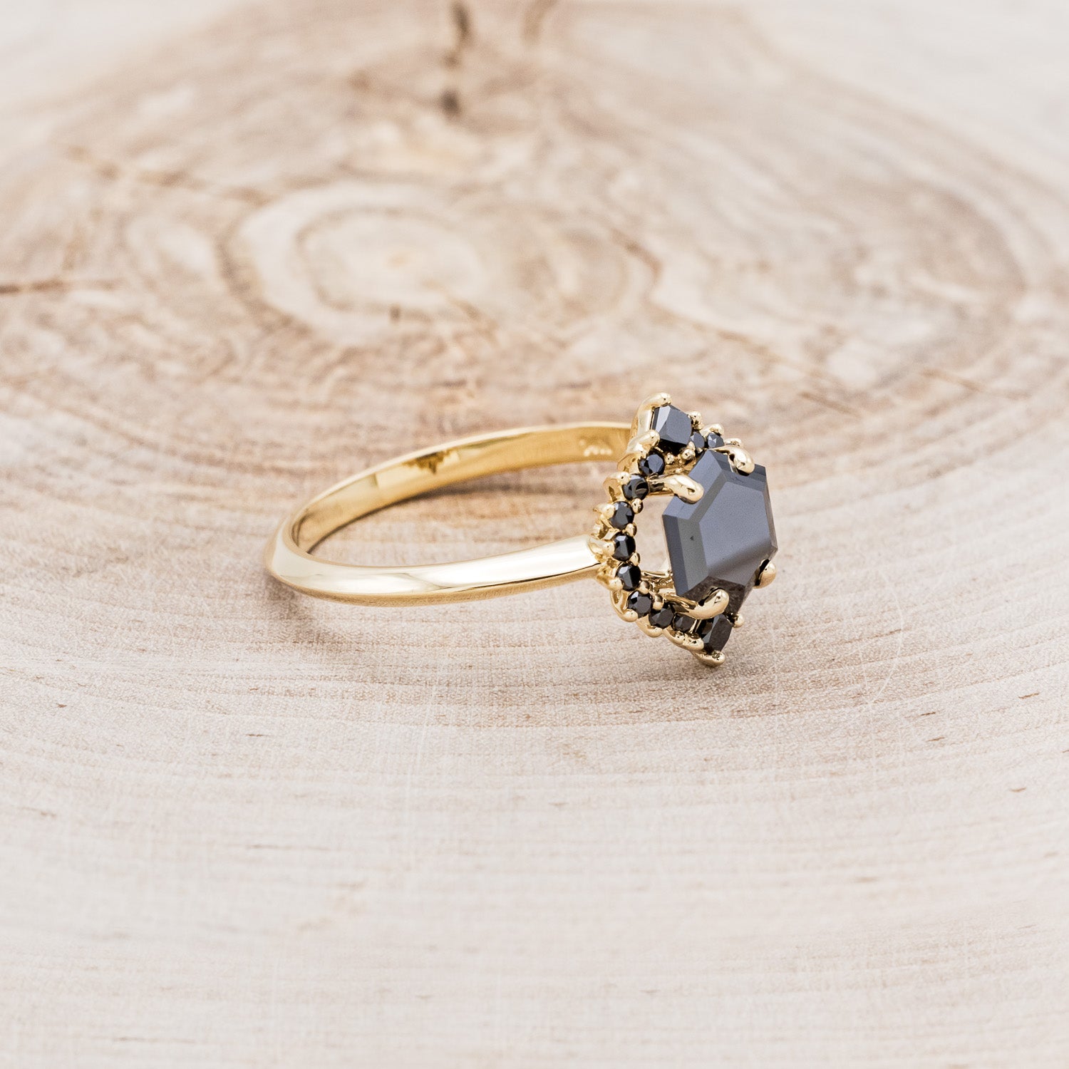 "NEREZZA" - HEXAGON CUT BLACK MOISSANITE ENGAGEMENT RING WITH A BLACK DIAMOND HALO-8