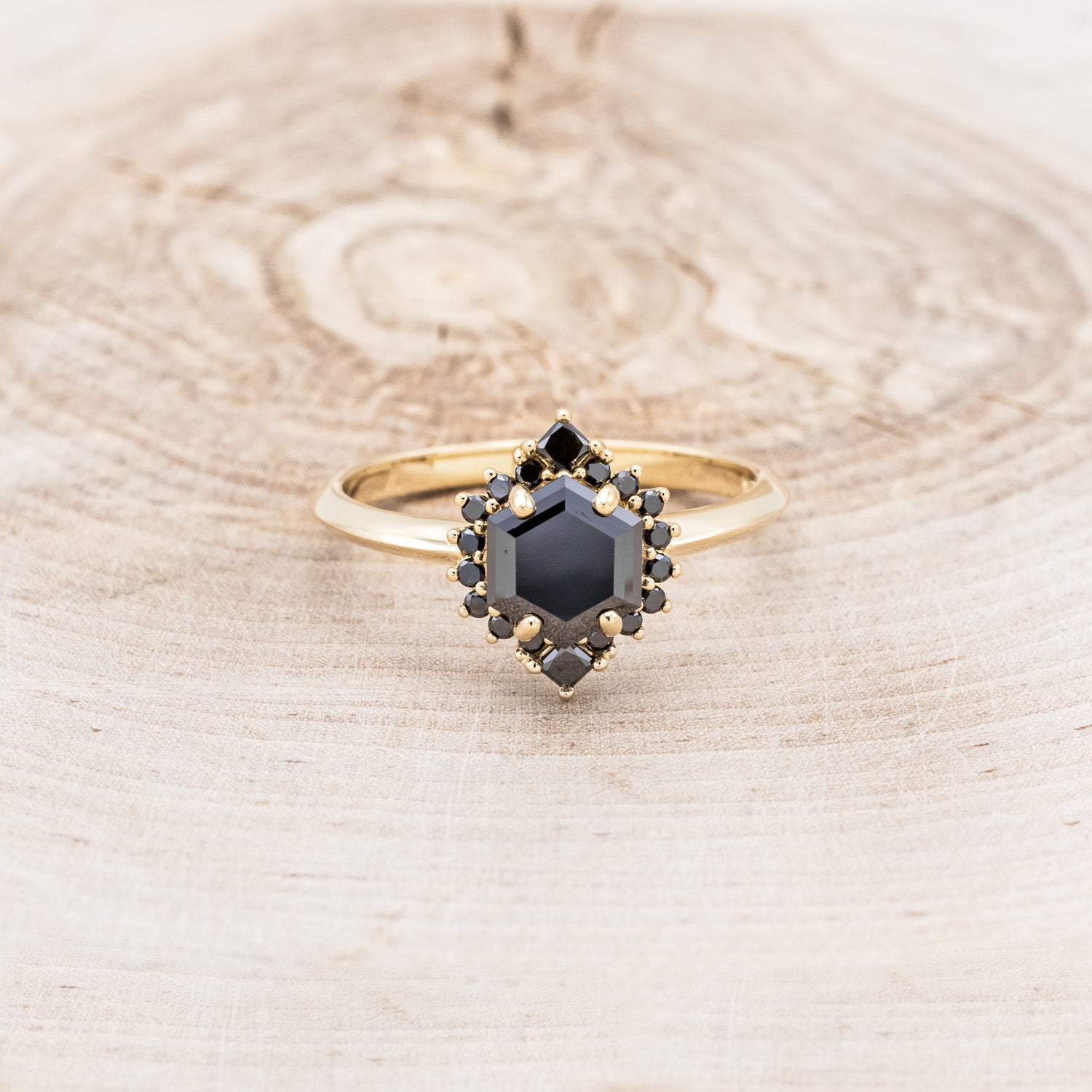 "NEREZZA" - HEXAGON CUT BLACK MOISSANITE ENGAGEMENT RING WITH A BLACK DIAMOND HALO-10