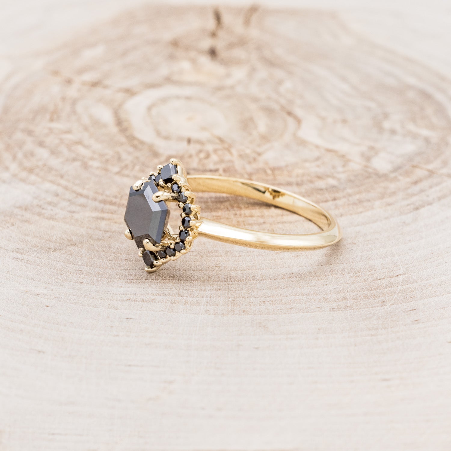 "NEREZZA" - HEXAGON CUT BLACK MOISSANITE ENGAGEMENT RING WITH A BLACK DIAMOND HALO-9