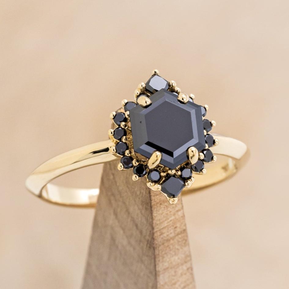"NEREZZA" - HEXAGON CUT BLACK MOISSANITE ENGAGEMENT RING WITH A BLACK DIAMOND HALO-7