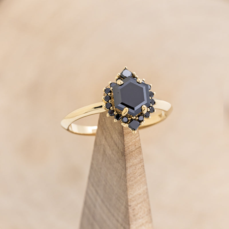 "NEREZZA" - HEXAGON CUT BLACK MOISSANITE ENGAGEMENT RING WITH A BLACK DIAMOND HALO-7