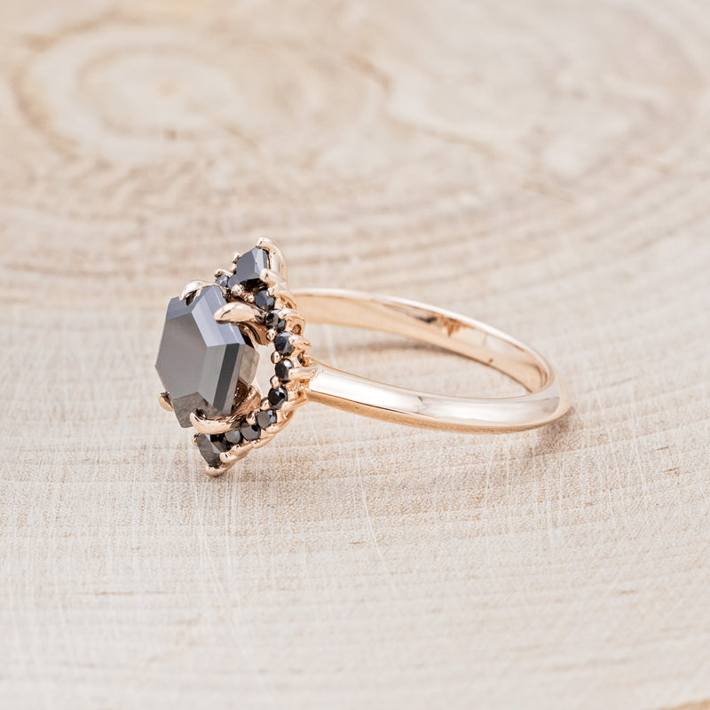 "NEREZZA" - HEXAGON CUT BLACK MOISSANITE ENGAGEMENT RING WITH A BLACK DIAMOND HALO-3