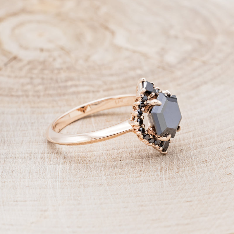 "NEREZZA" - HEXAGON CUT BLACK MOISSANITE ENGAGEMENT RING WITH A BLACK DIAMOND HALO-2