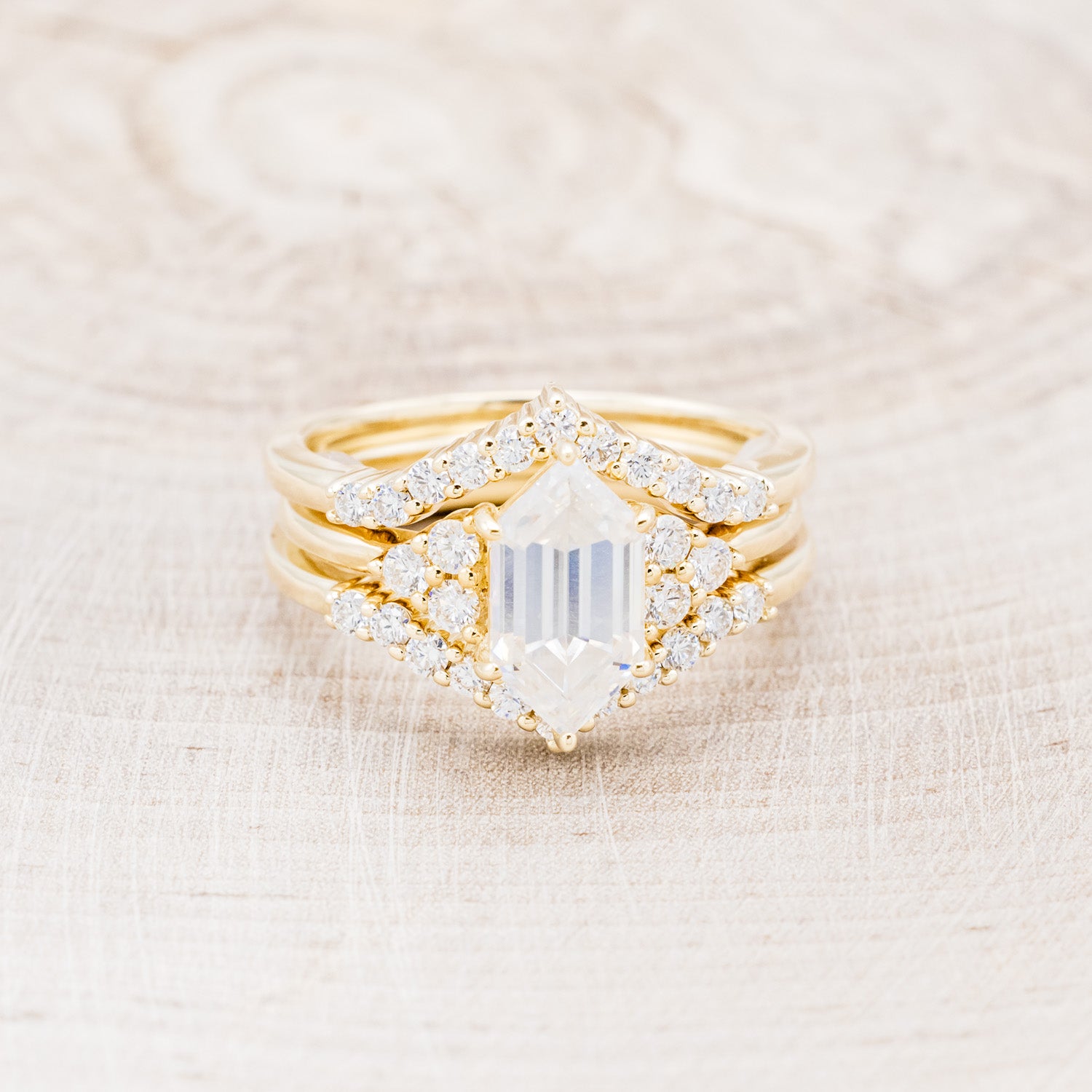 "OCTAVIA" - BRIDAL SUITE - ELONGATED HEXAGON MOISSANITE ENGAGEMENT RING WITH DIAMOND ACCENTS & TRACER-4