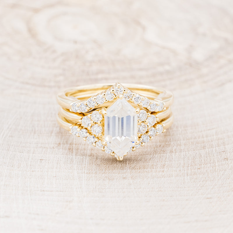 "OCTAVIA" - BRIDAL SUITE - ELONGATED HEXAGON MOISSANITE ENGAGEMENT RING WITH DIAMOND ACCENTS & TRACER